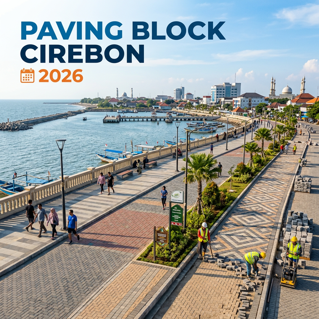 Workers installing paving blocks along a seaside promenade in Cirebon with people walking nearby