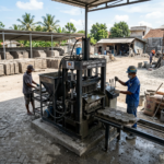 Workers using a brick press machine to mold concrete blocks in a manufacturing yard