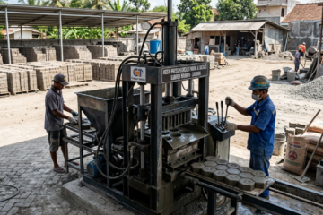 Workers using a brick press machine to mold concrete blocks in a manufacturing yard